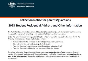 Collection Notice for parents/guardians 2023 Student Residential Address and Other Information