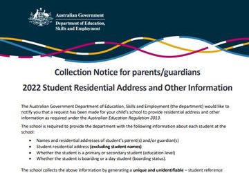 Collection Notice for parents/guardians 2022 Student Residential Address and Other Information